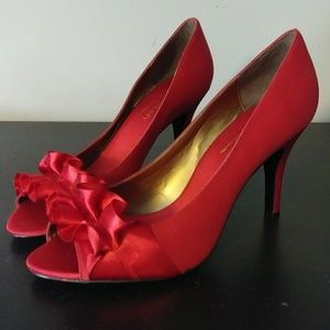 Red satin peep toe stilettos